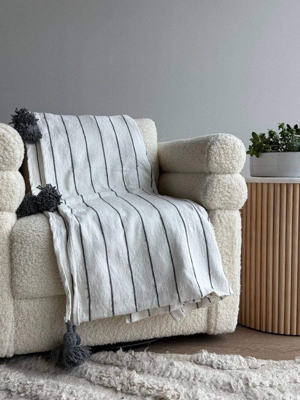 Thin Gray Striped Throw Blanket with Tassels